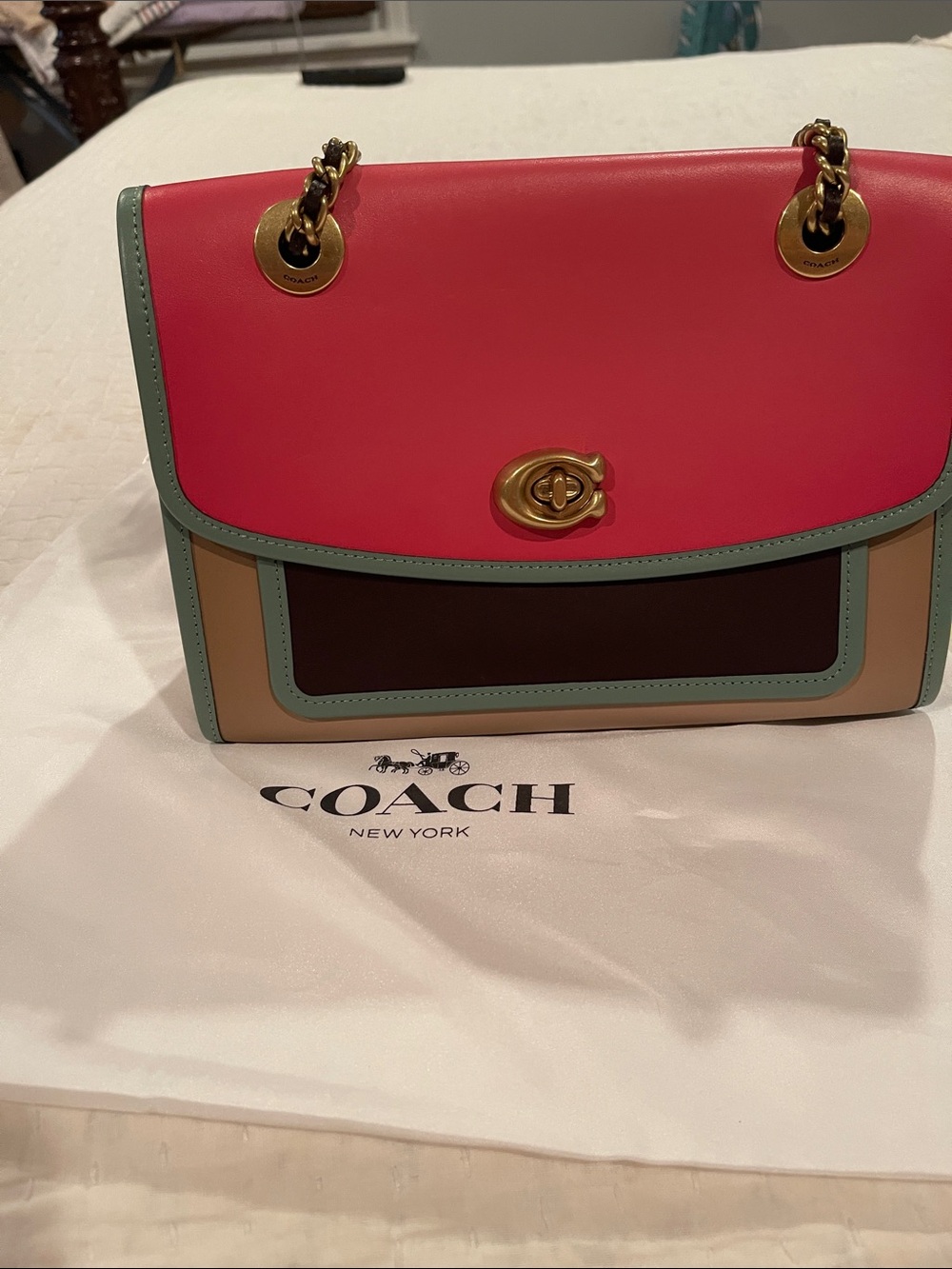 Coach Colorblock Leather Shoulder Bag in Pink, Mint & Tan